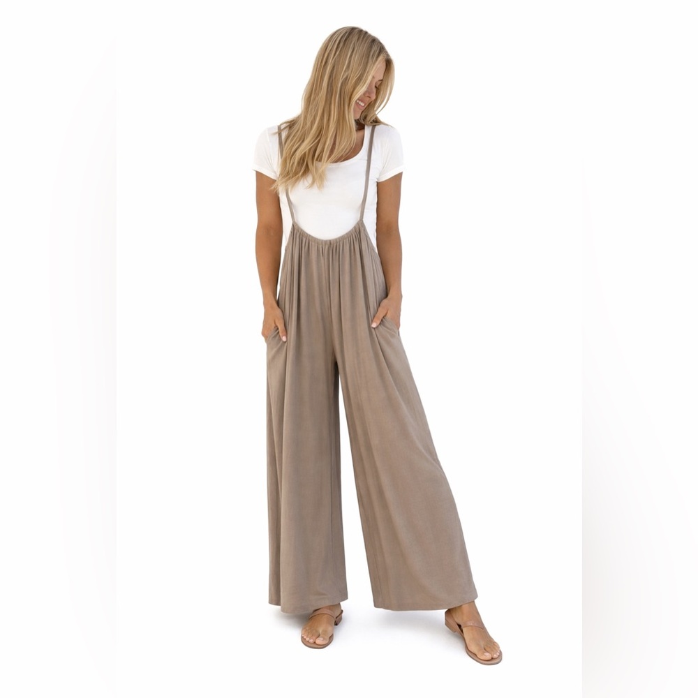 Bucketlist Taupe Sleeveless Textured Knit Wide Leg Slouchy Jumpsuit Size Large